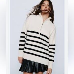 NastyGal Breton Stripe Zip Front Sweater cream/black size S/M
